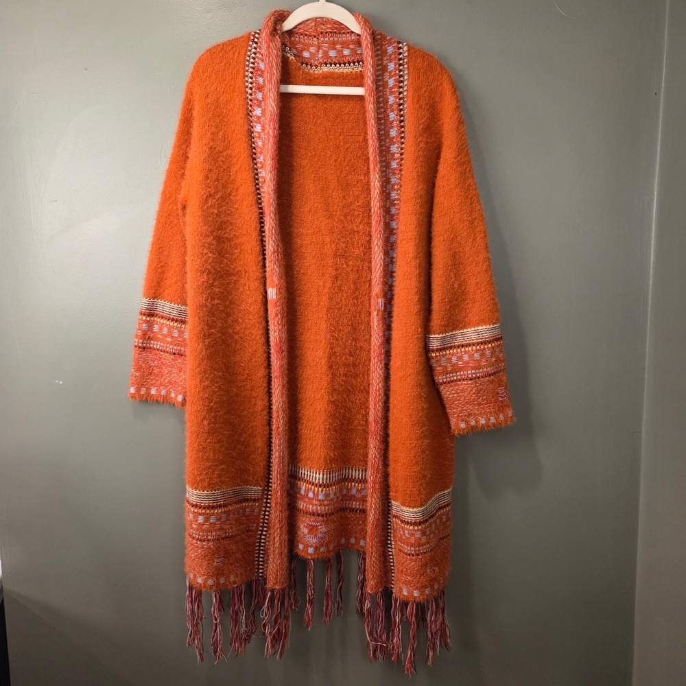 Fuzzy Boho Women's Open Front Long Cardigan Fringe Hem Orange Multi Size XL